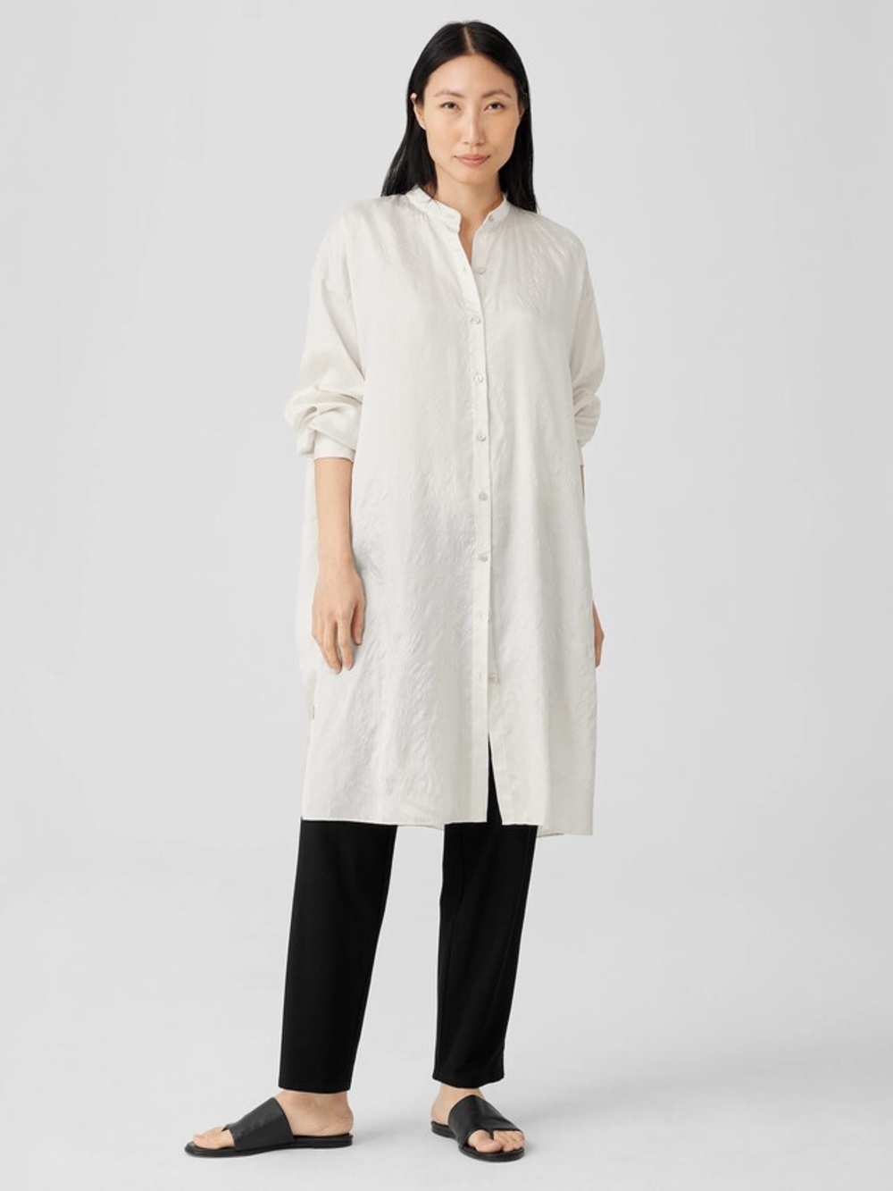 Eileen Fisher Painterly Striped Silk Long Tunic Shirt Button Down Blouse M